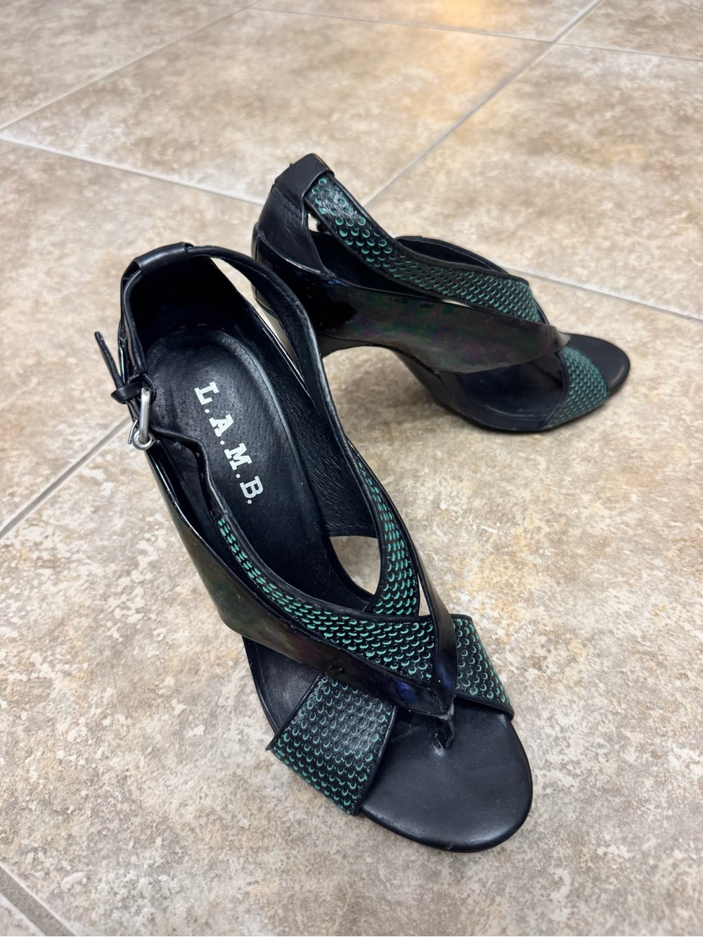 L.A.M.B. Black and Teal Iridescent Cross-Strap High Heel Sandals - Picture 7 of 8